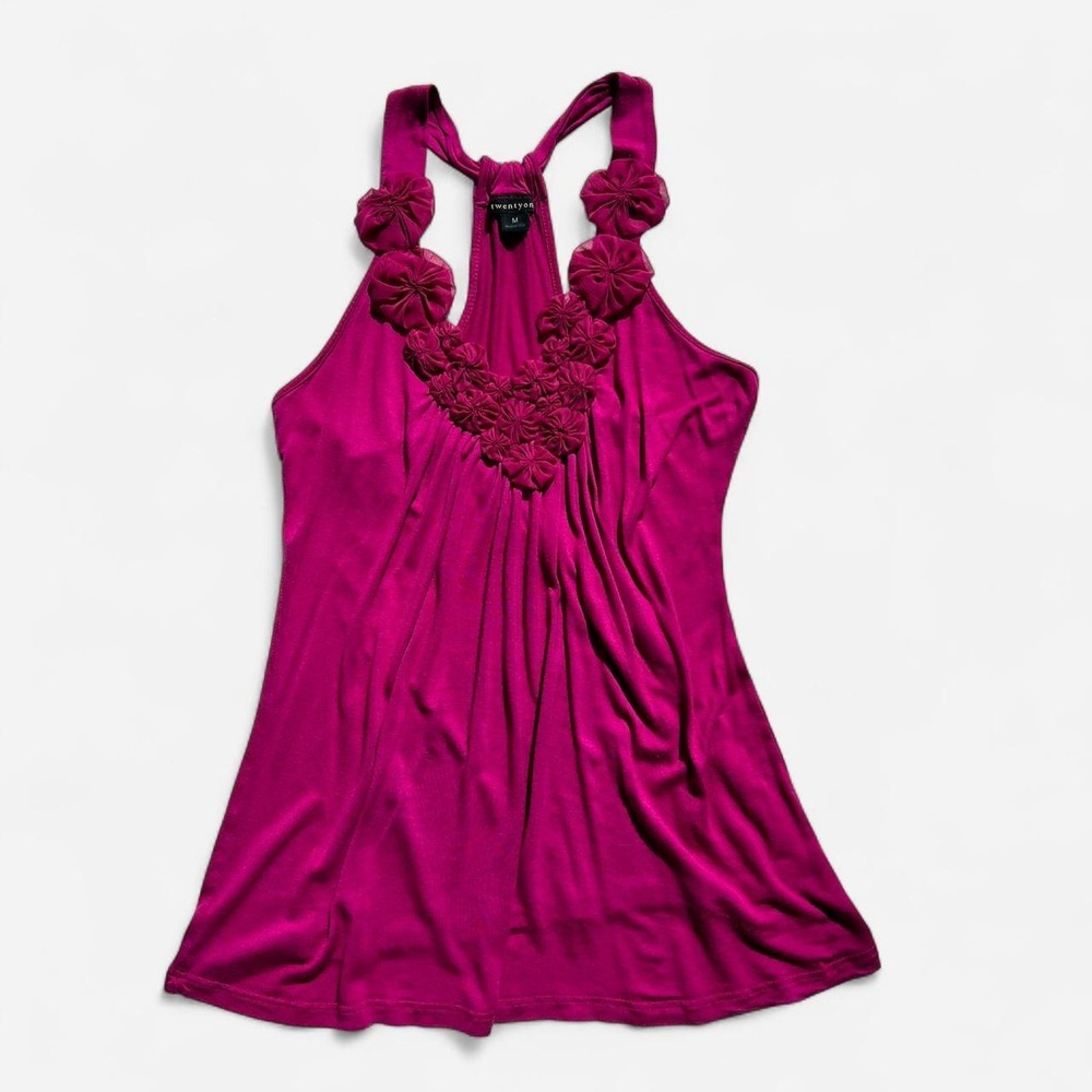 pretty hot pink halter top with statement rosette flower